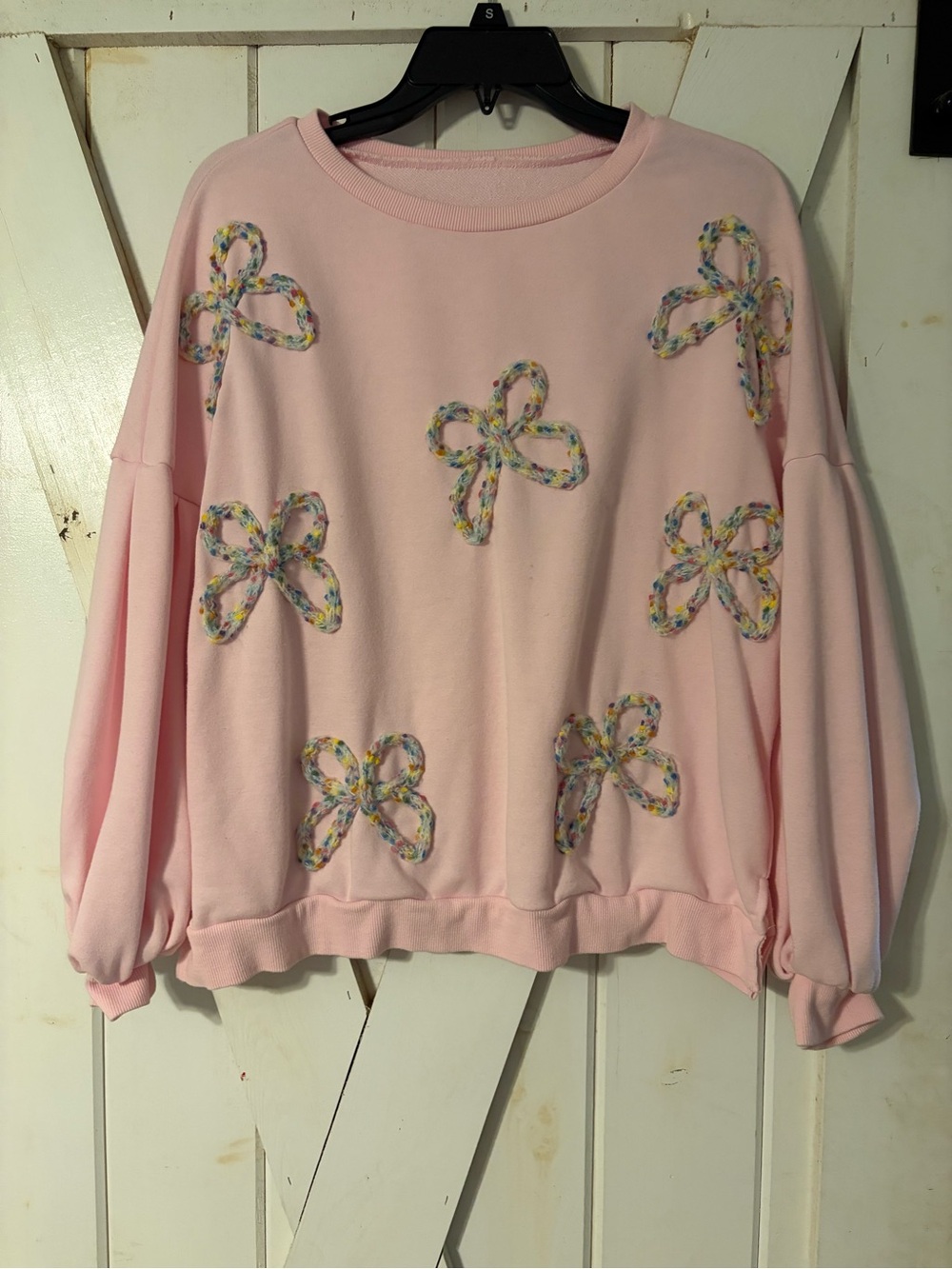 Pink Pullover Sweatshirt with Floral Rope Appliqués